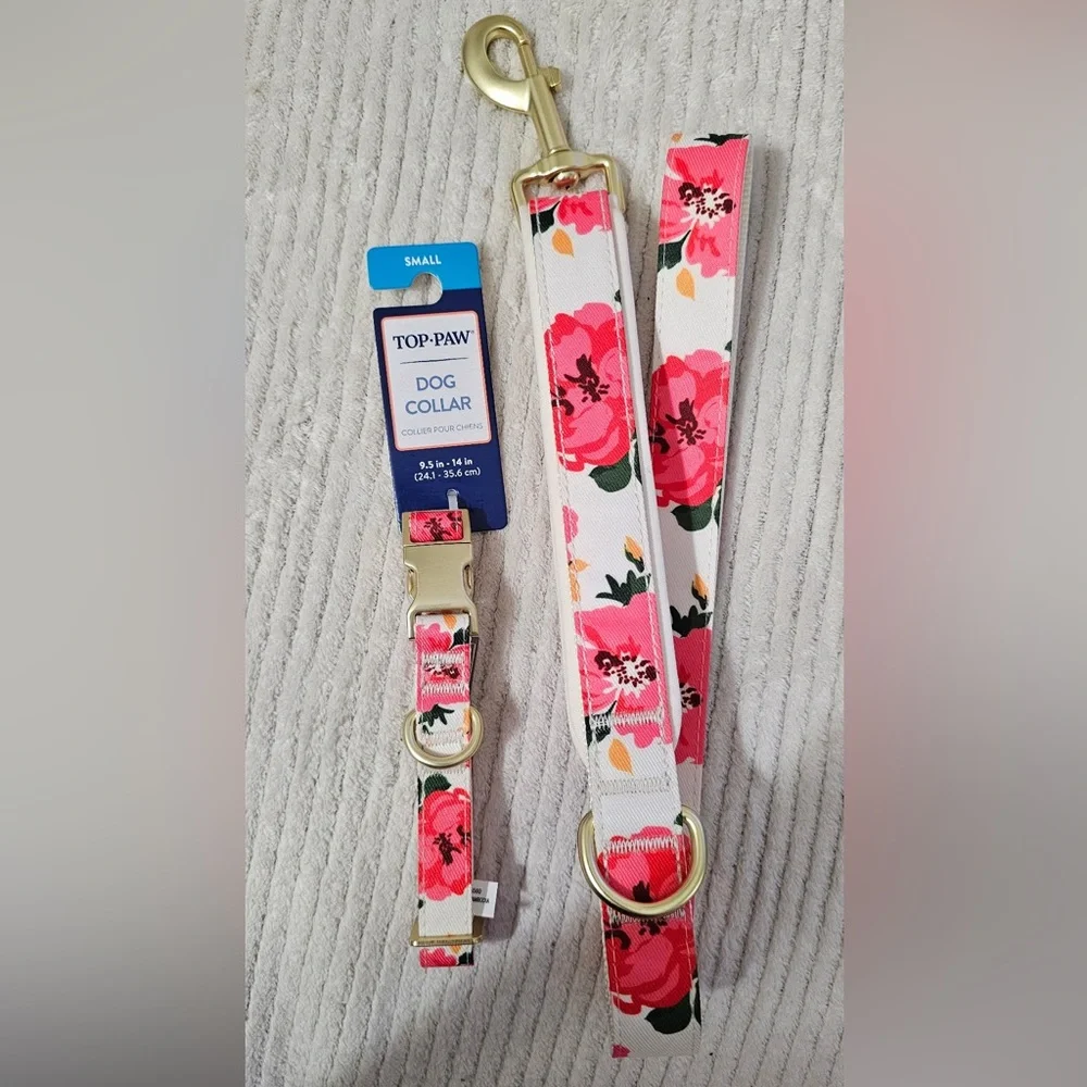 Top Paw White/Pink Floral Collar & Leash Set (S)